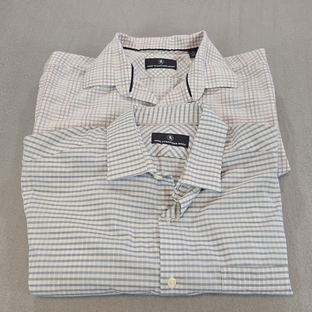 Hart Schaffner Marx Button Down Mens Large Blue Tan Plaid Cotton 2 Pack Bundle